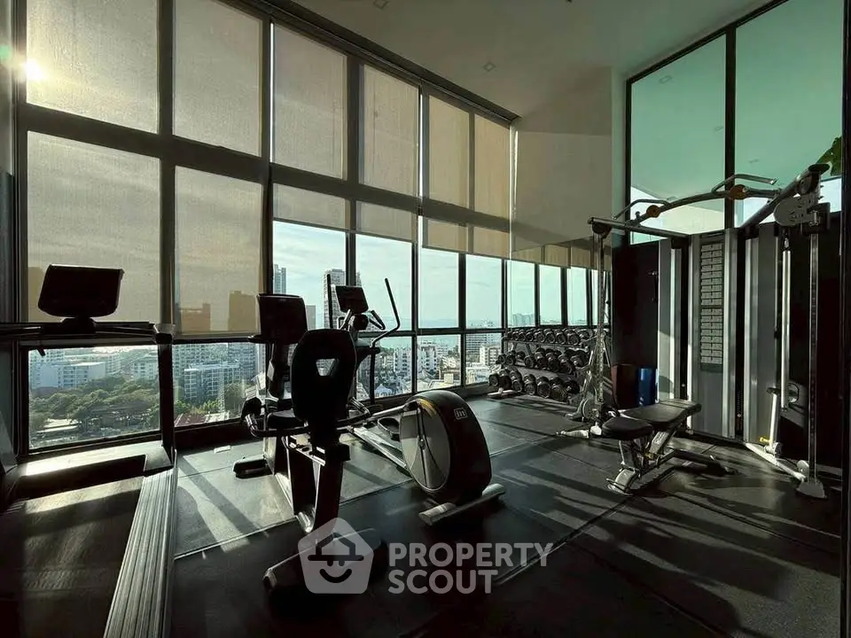 Luxurious high-rise gym with panoramic city views and modern fitness equipment.