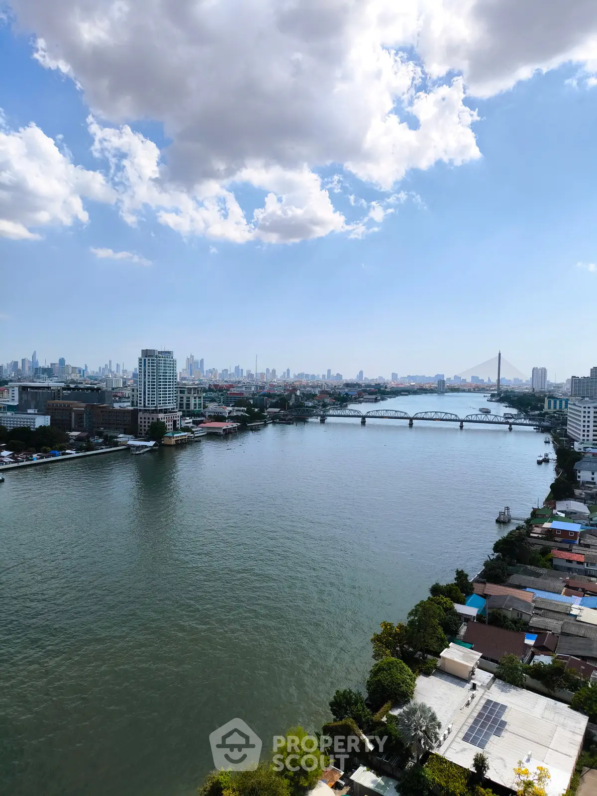 Stunning river view with city skyline and bridge under a partly cloudy sky