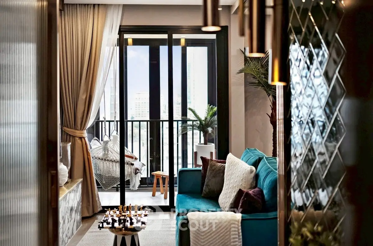 Luxurious living room with modern decor and balcony view, perfect for urban living.