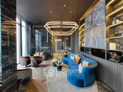 Luxurious modern living room with stylish decor and unique lighting