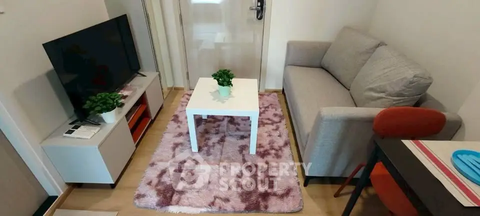 Cozy living room with modern decor, plush rug, and comfortable seating in a compact space.