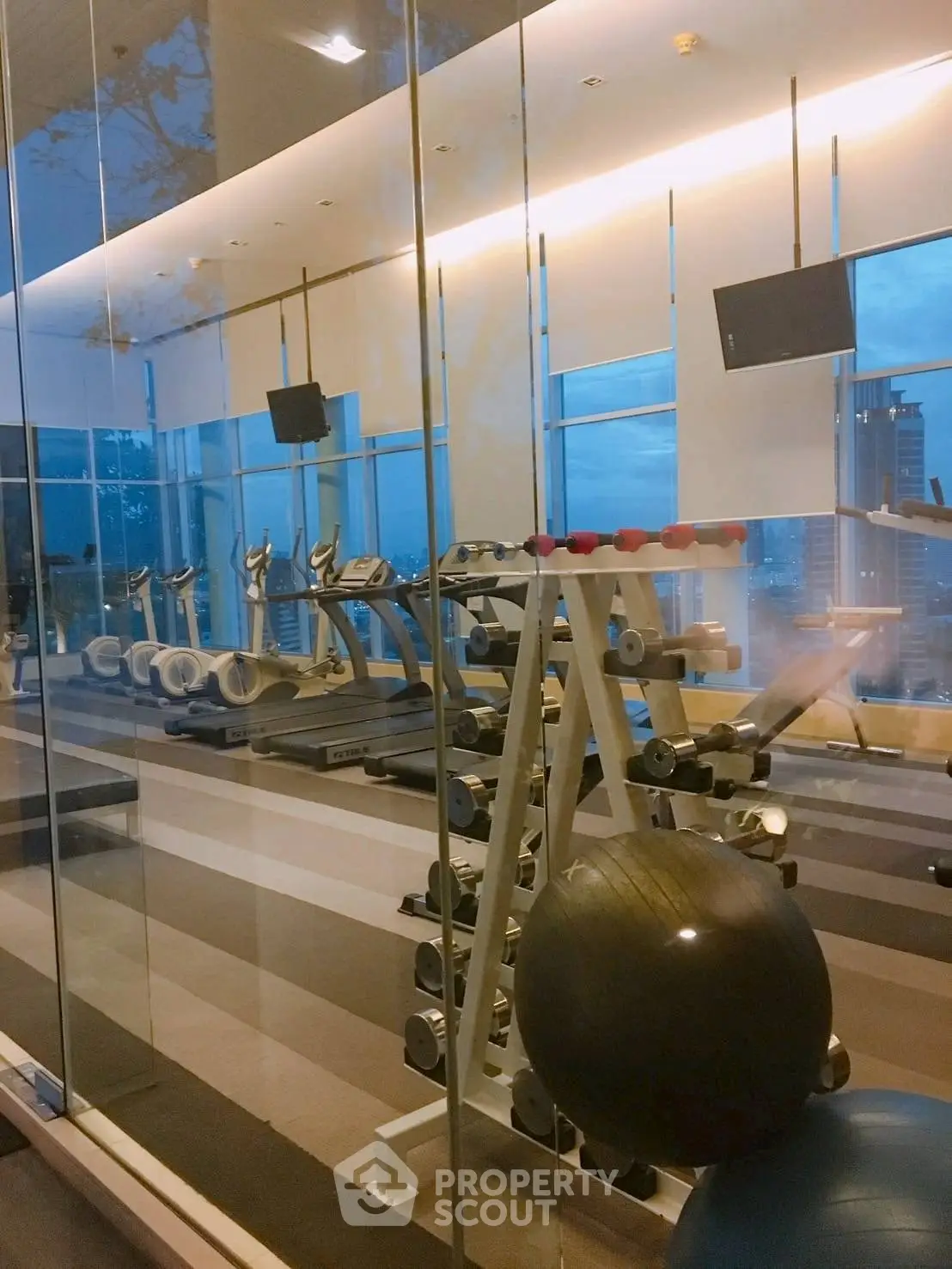 Luxurious high-rise gym with modern equipment and stunning city views