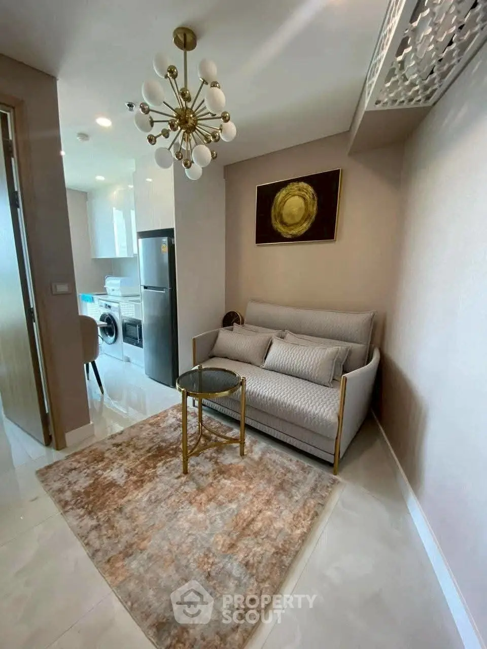 Modern living room with chic decor and open kitchen layout