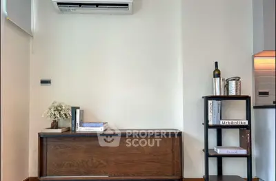 Modern living room with sleek wooden furniture and stylish decor