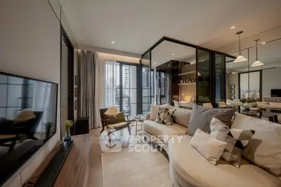 Luxurious modern living room with elegant decor and city view, perfect for urban living.