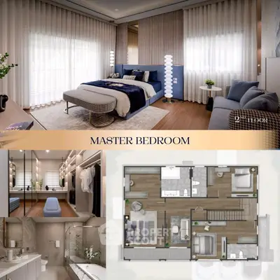 Luxurious master bedroom with elegant decor and spacious layout, featuring a modern floor plan and stylish bathroom.