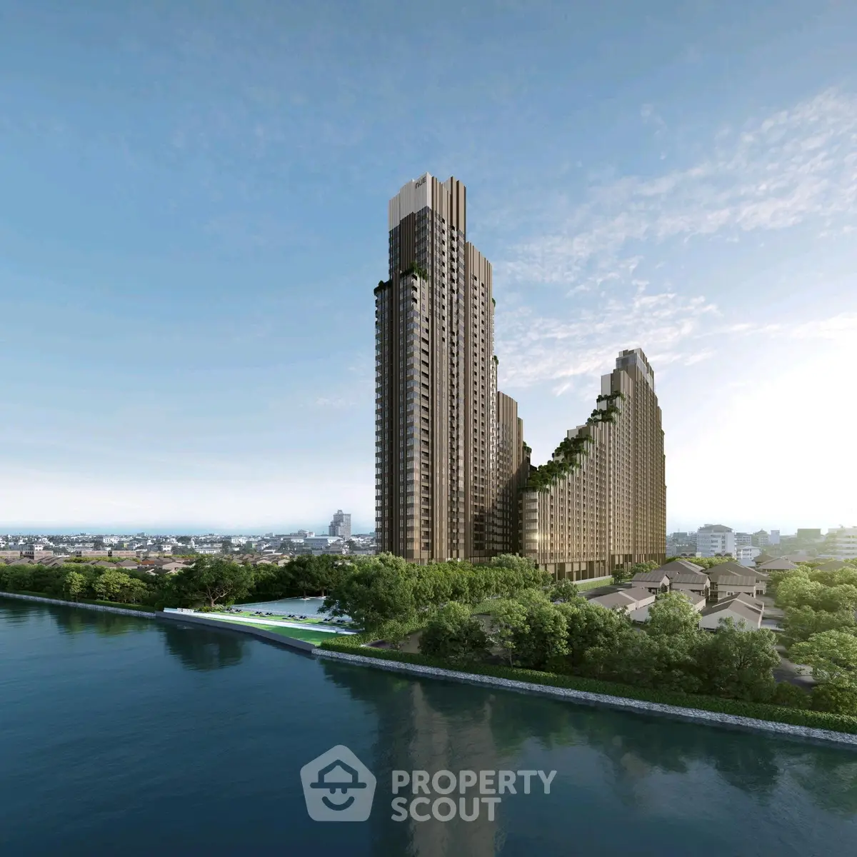 Stunning riverside high-rise building with lush greenery and panoramic city views.