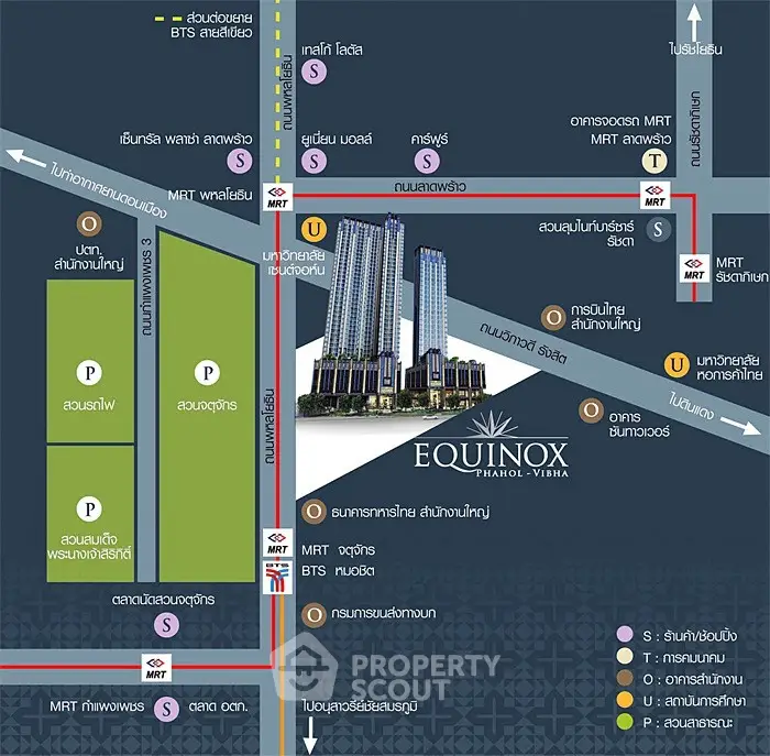 Stylish map showcasing Equinox Phahol-Vibha with nearby MRT and BTS stations.