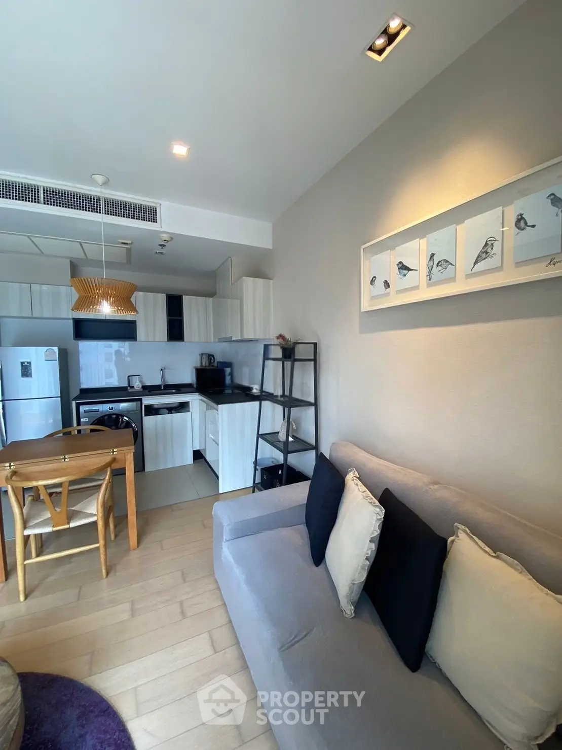 Modern open-layout kitchen and living room with stylish decor and natural light.