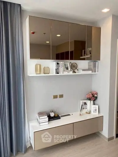 Modern living room with stylish shelving and decor