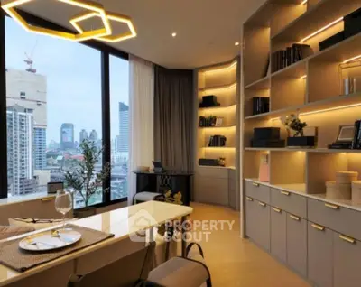 Luxurious modern living room with city view and elegant shelving