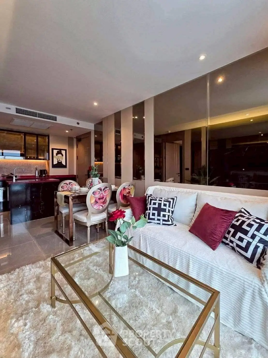 Luxurious living room with elegant decor and open kitchen layout, perfect for modern living.