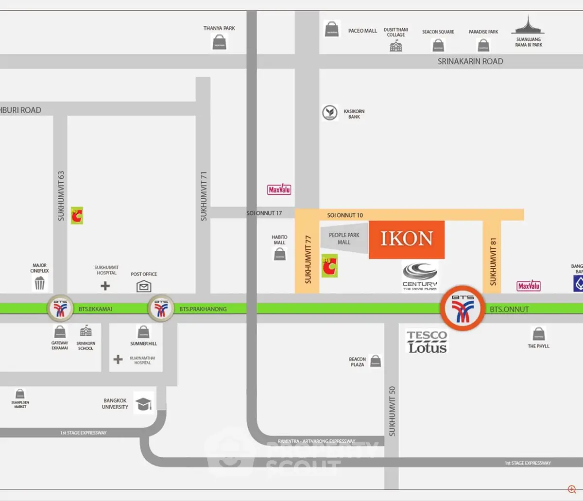 Map showing location of IKON near BTS On Nut and Tesco Lotus