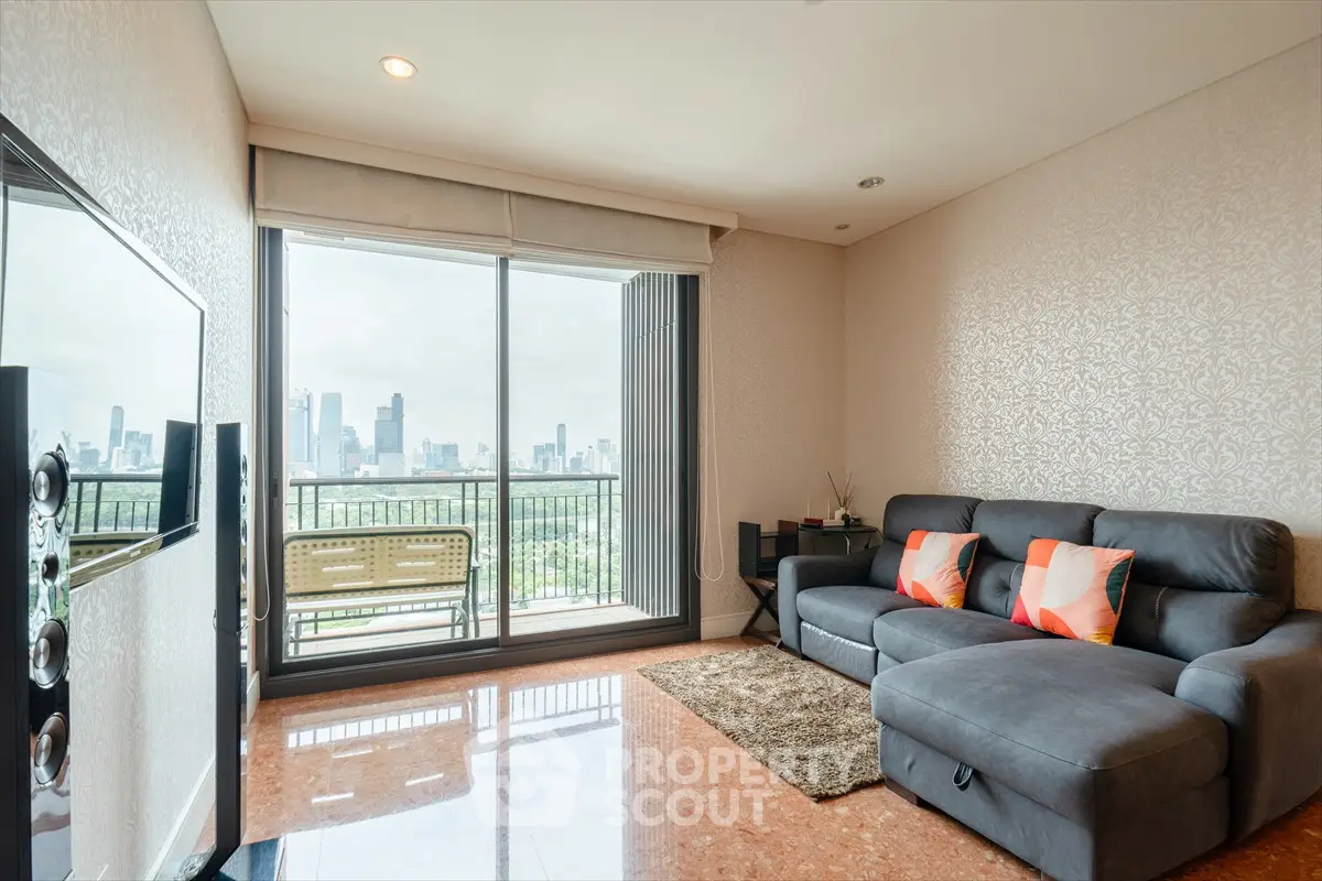 Modern living room with city view and stylish decor