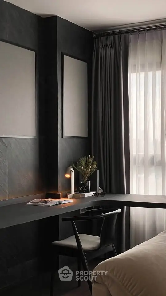 Elegant study room with modern desk, chair, and soft lighting, perfect for productivity and comfort.