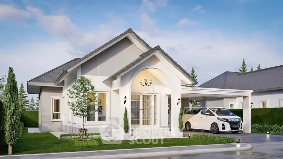 Charming modern house with carport and lush greenery, perfect family home.