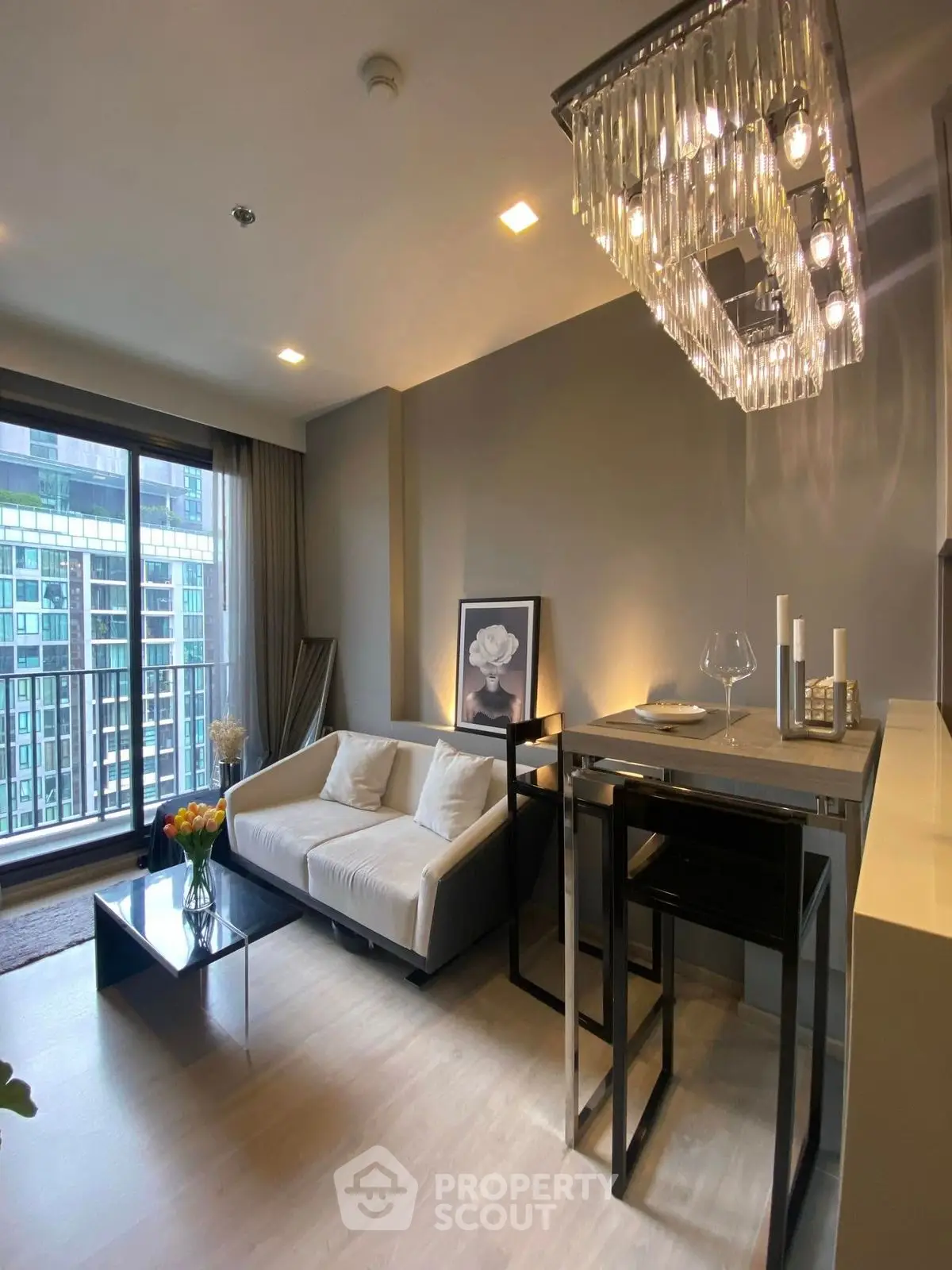 Modern living room with chic decor and city view