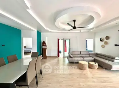 Spacious modern living room with stylish decor and open layout, featuring a dining area and comfortable seating.