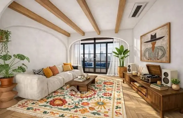 Charming living room with wooden beams, vibrant rug, and city view balcony.