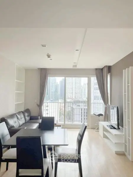 Modern living room with city view, sleek furniture, and natural light.