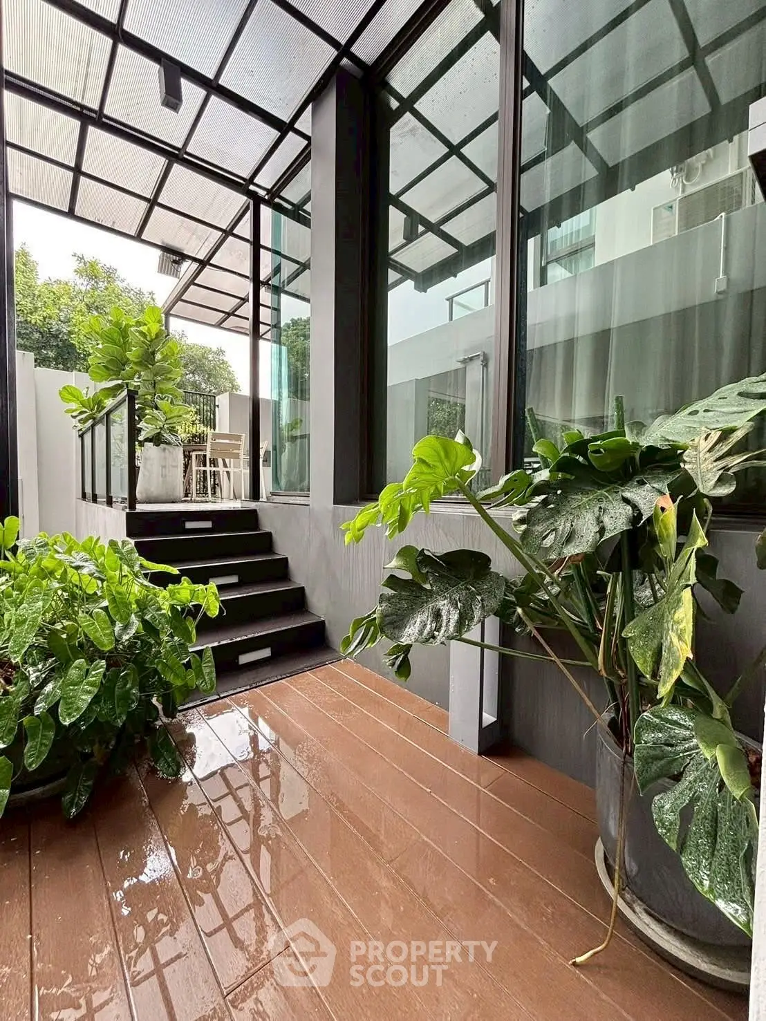 Modern patio with lush greenery and sleek glass doors