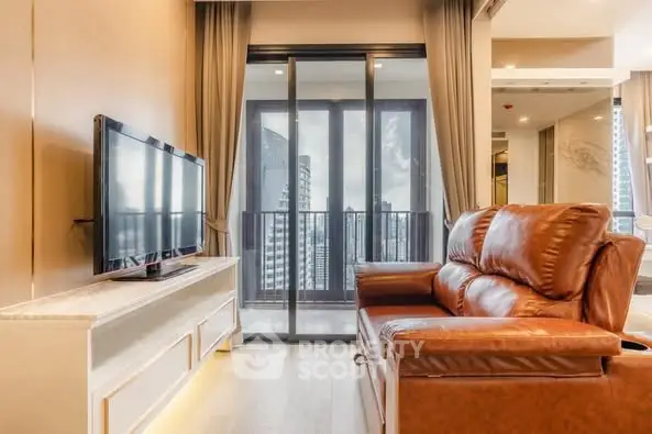 Luxurious living room with leather sofa and city view balcony in modern apartment.