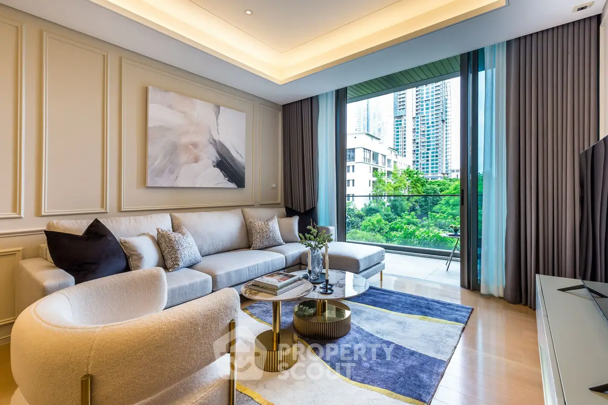 Luxurious living room with modern decor and stunning city view from large windows.