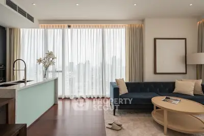 Elegant modern living room with city view, featuring a sleek blue sofa and stylish decor.