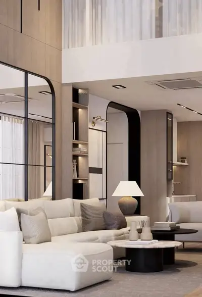 Luxurious modern living room with high ceilings and elegant decor