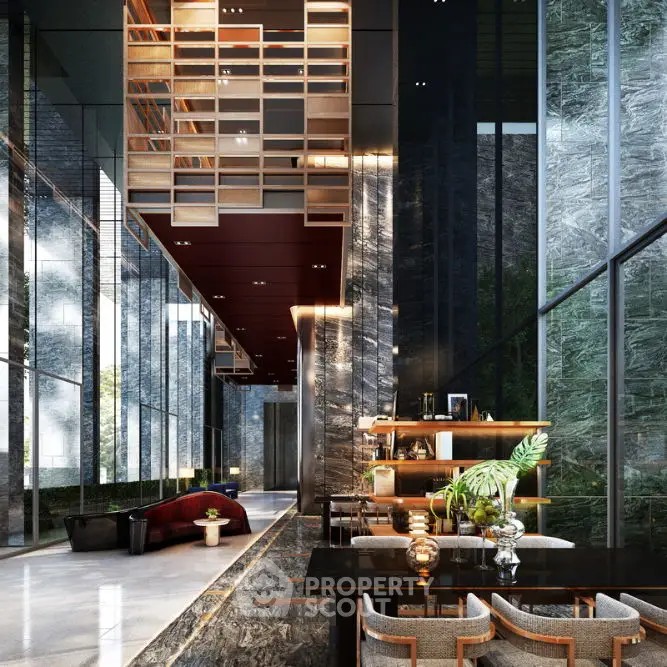 Luxurious modern living room with high ceilings and elegant decor