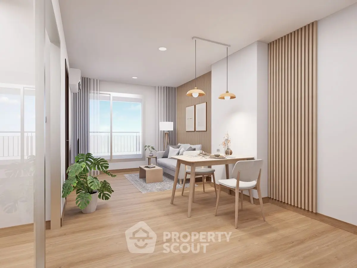 Modern living room with open dining area and balcony view, featuring stylish decor and natural light.