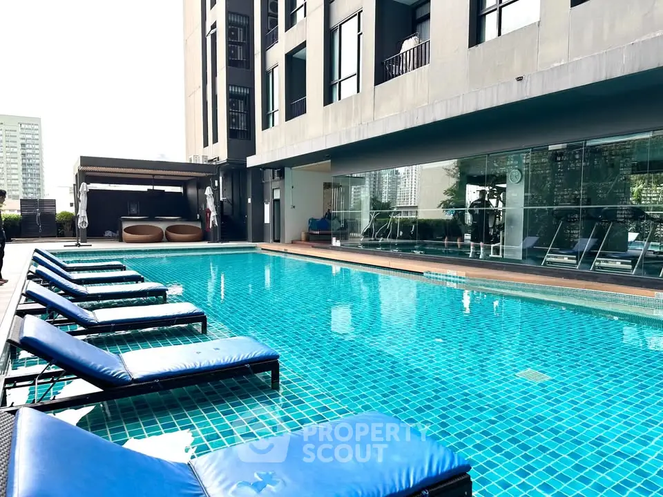 Luxurious condominium pool area with modern lounge chairs and city views.