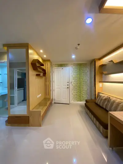 Modern living room with stylish wooden accents and built-in shelving