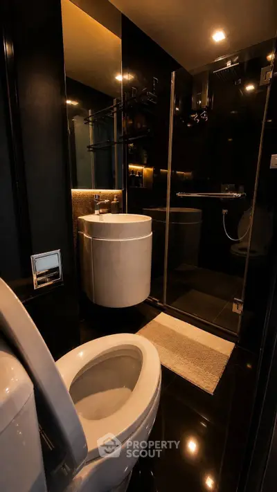 Luxurious modern bathroom with sleek black tiles and elegant fixtures