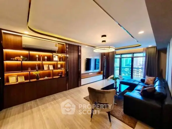 Luxurious modern living room with elegant lighting and city view