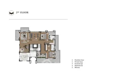 Second floor plan featuring bedrooms, private gym, and balcony in a modern layout.
