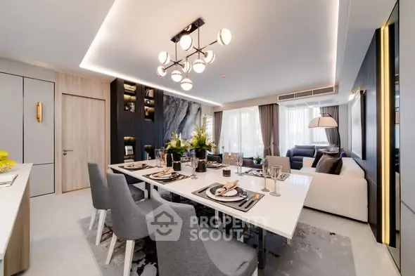Luxurious modern living and dining area with elegant decor and ambient lighting.