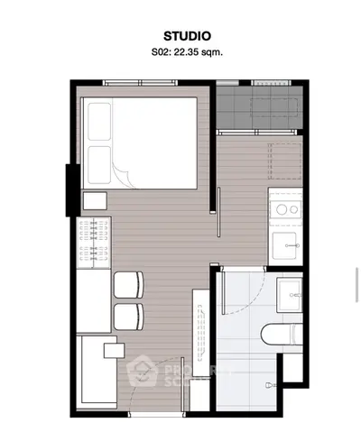 Studio apartment floor plan with efficient layout and modern amenities.