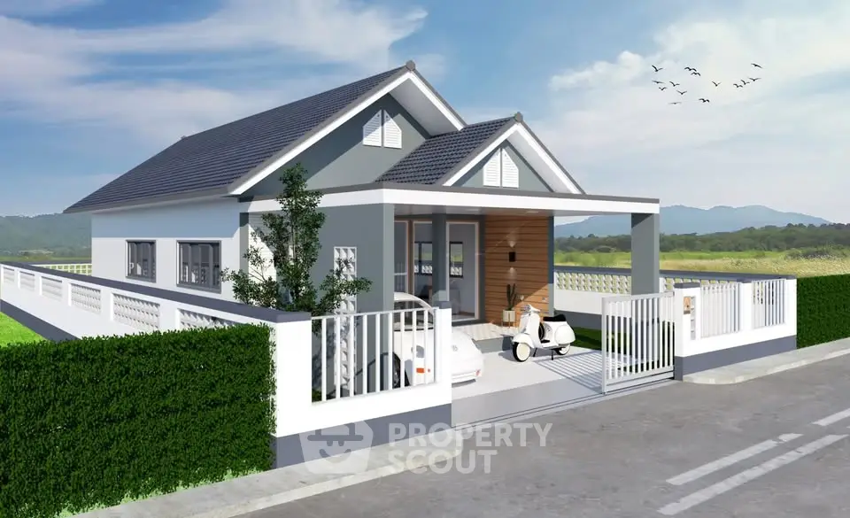 Charming modern house with sleek design, spacious driveway, and lush greenery, perfect for serene living.