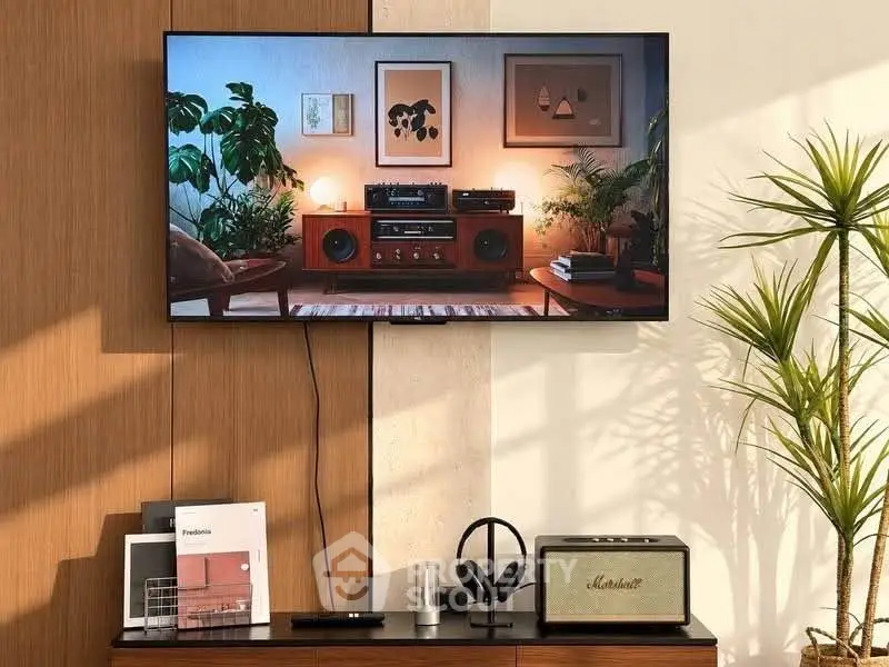 Stylish living room with modern decor and entertainment setup
