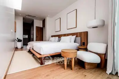 Modern bedroom with stylish wooden furniture and cozy decor