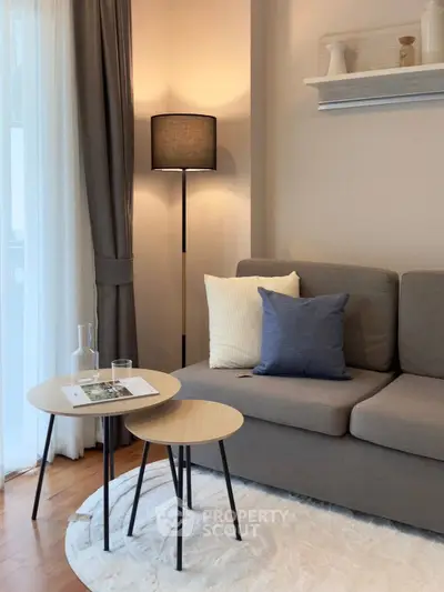 Modern living room with cozy gray sofa, stylish floor lamp, and chic round tables on a plush rug.