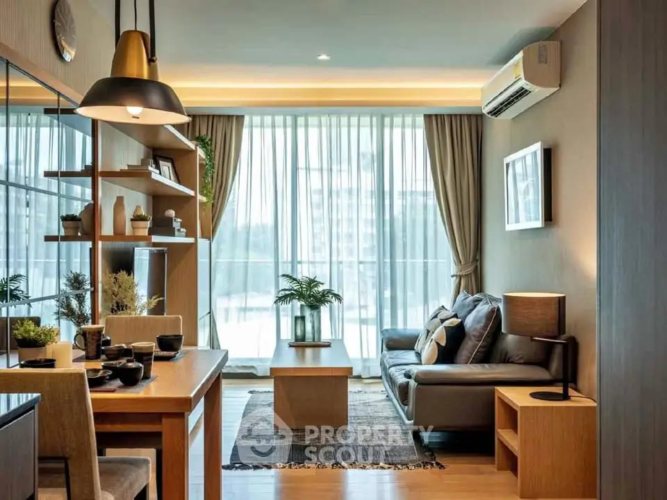 Modern living room with stylish decor and large windows offering natural light.