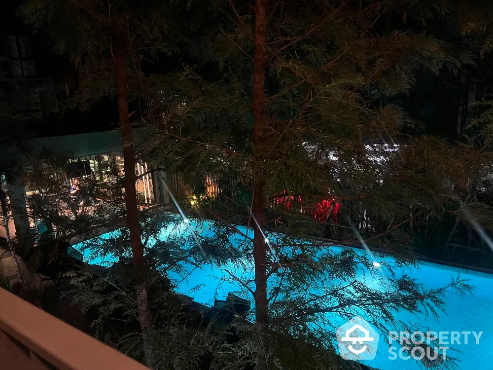 Luxurious night view of illuminated swimming pool surrounded by lush greenery in upscale property.