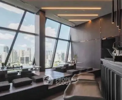 Luxurious modern living room with panoramic city views and sleek interior design.