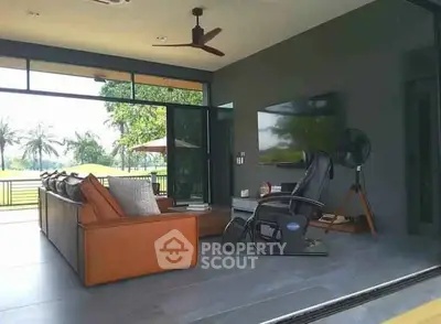 Modern living room with large windows and garden view