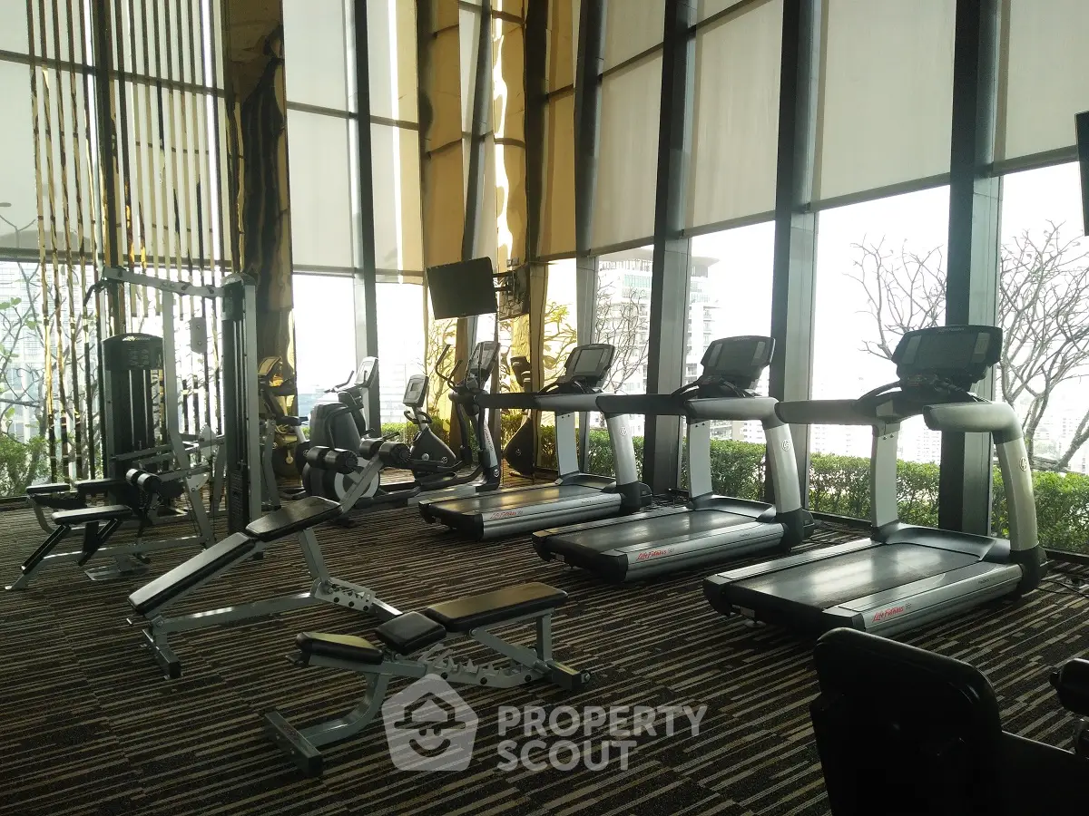 Luxurious high-rise gym with modern equipment and panoramic city views.