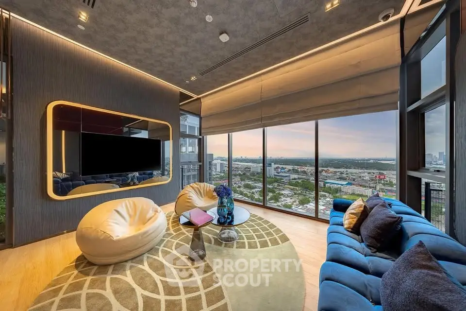 Luxurious living room with panoramic city views and modern decor