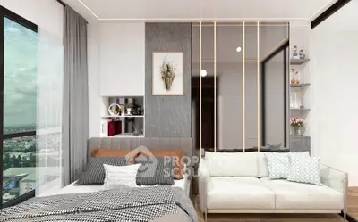 Luxurious modern bedroom with panoramic city view and elegant decor