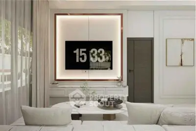 Modern living room with elegant decor and large digital clock display on wall.